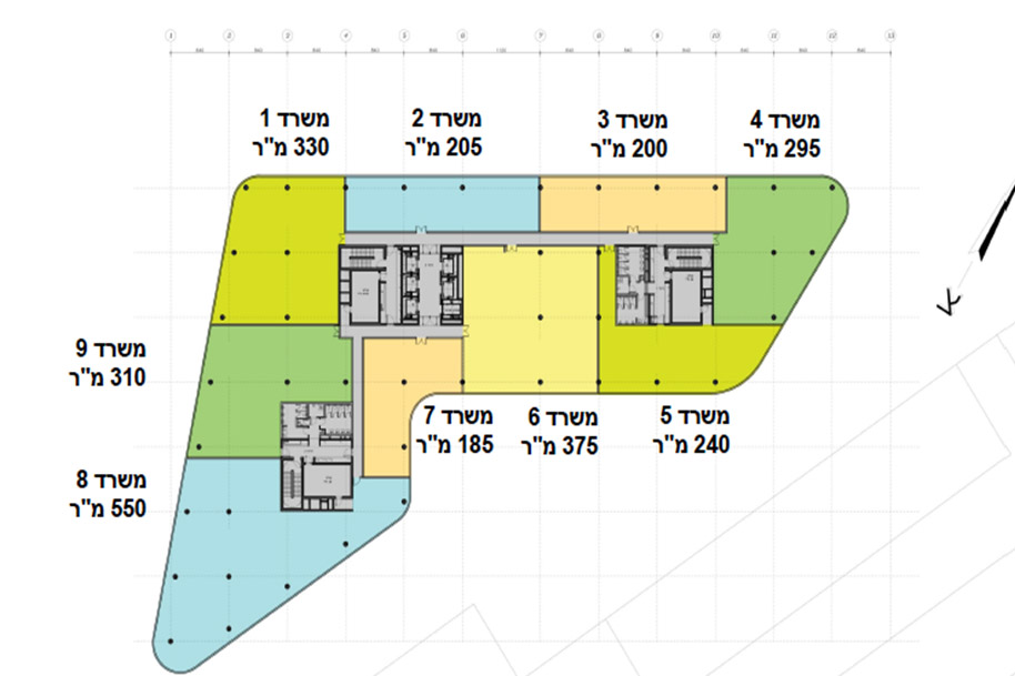 קומה טיפוסית – בחלוקה ל- 9 משרדים
